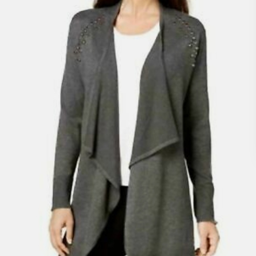 JM Collection Embellished Cascade  Flyaway Cardidgan Dark Gray